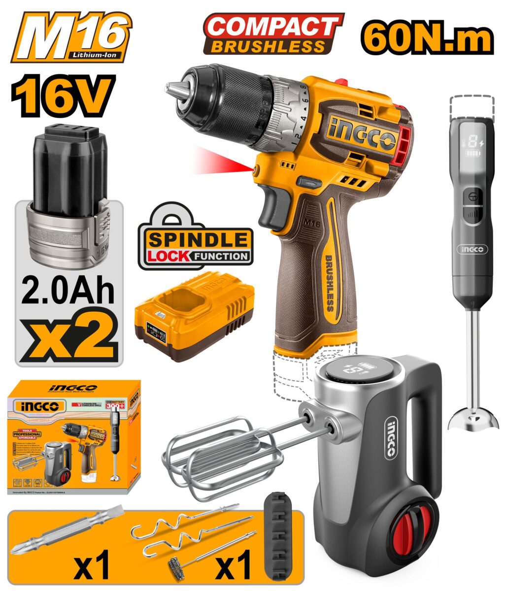 kit Combo 3 Pièces 16V – Perceuse Visseuse Brushless – Mixeur – Batteur