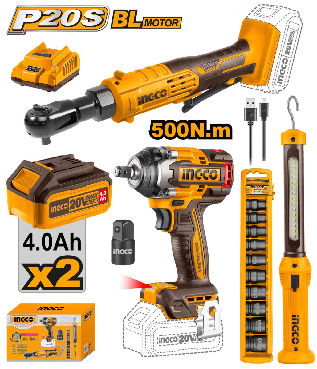 Kit 3 Pièces Sans Fil 20V – Clé à Chocs Brushless, Cliquet et Lampe de Travail cosli240461