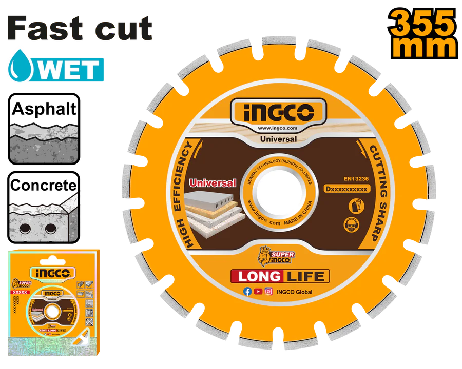 Disque diamanté pour la découpe de l’asphalte et du béton 355mm(14&Prime;)x 25.4mm INGCO