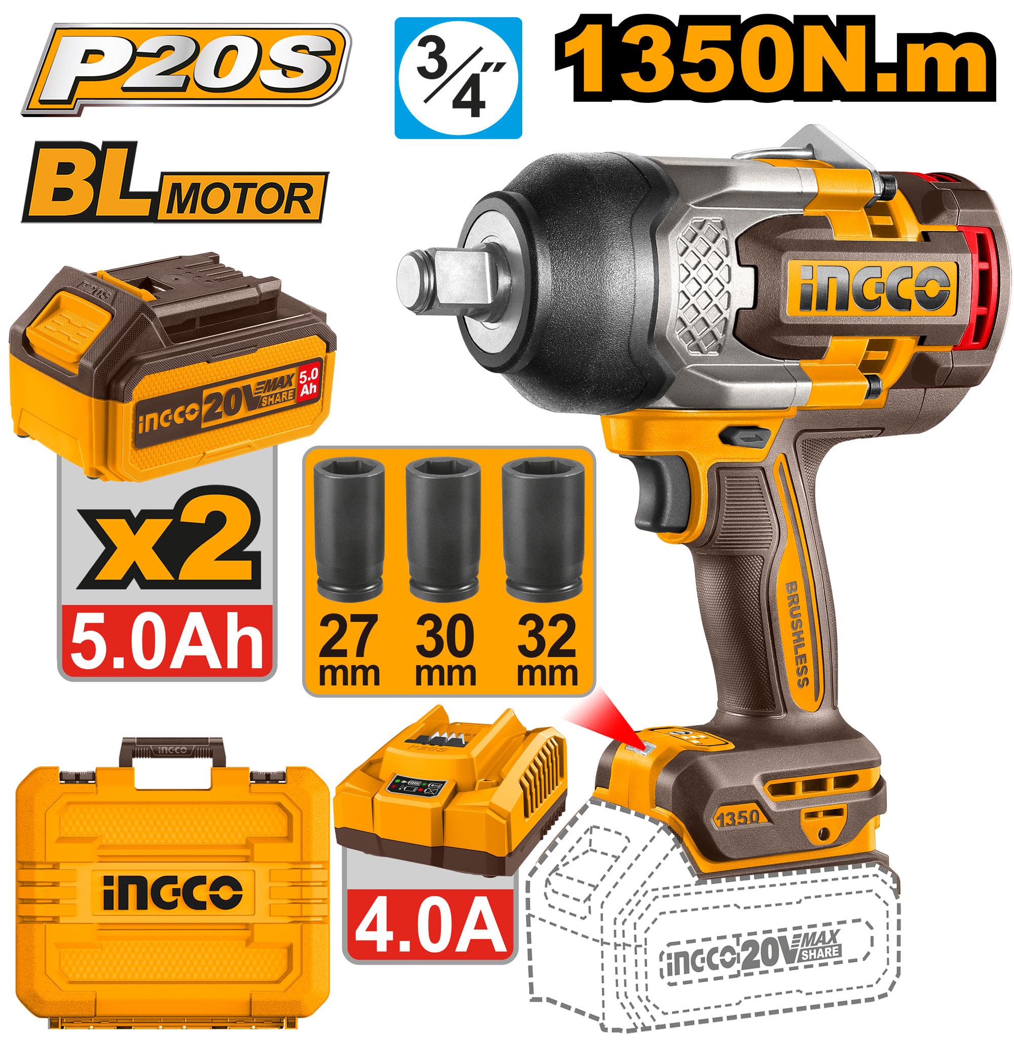 Clé à Chocs à Batterie 20V Brushless 3/4" - 1350Nm - avec 2 Batteries 5.0Ah et Douilles