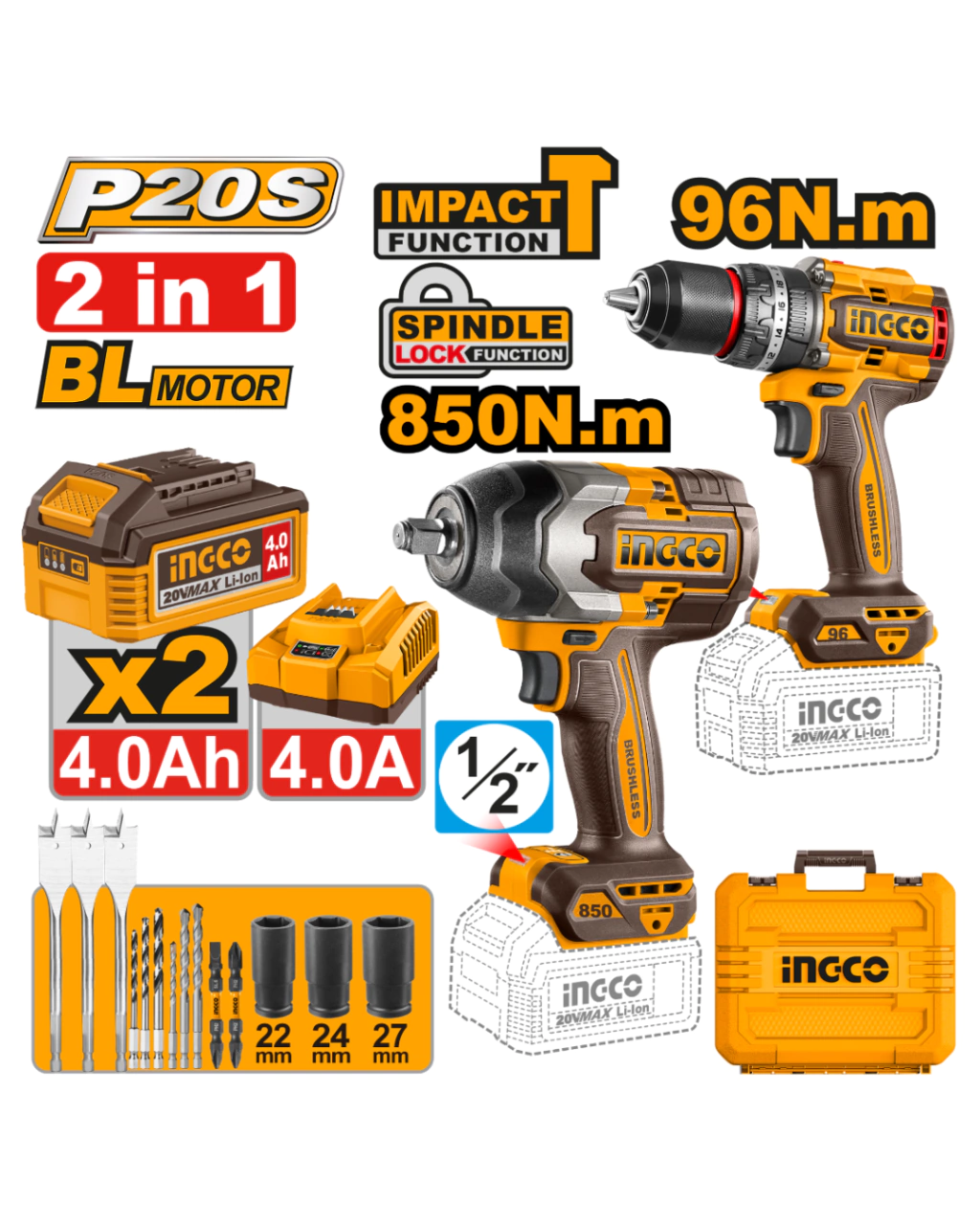 Pack duo 4ah brushless : Cle a choc 850Nm perceuse 96Nm