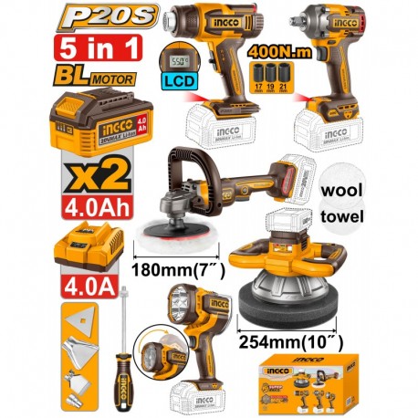 Kit combo 5 piéces brushless : Clé à chocs + Pistolet à air chaud + 2 Polisseuses + Lampe LED