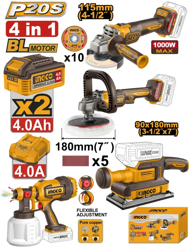Kit combo 4 pieces meuleuse d’angle, polisseuse, ponceuse de finition, pistolet à peinture : Brushless