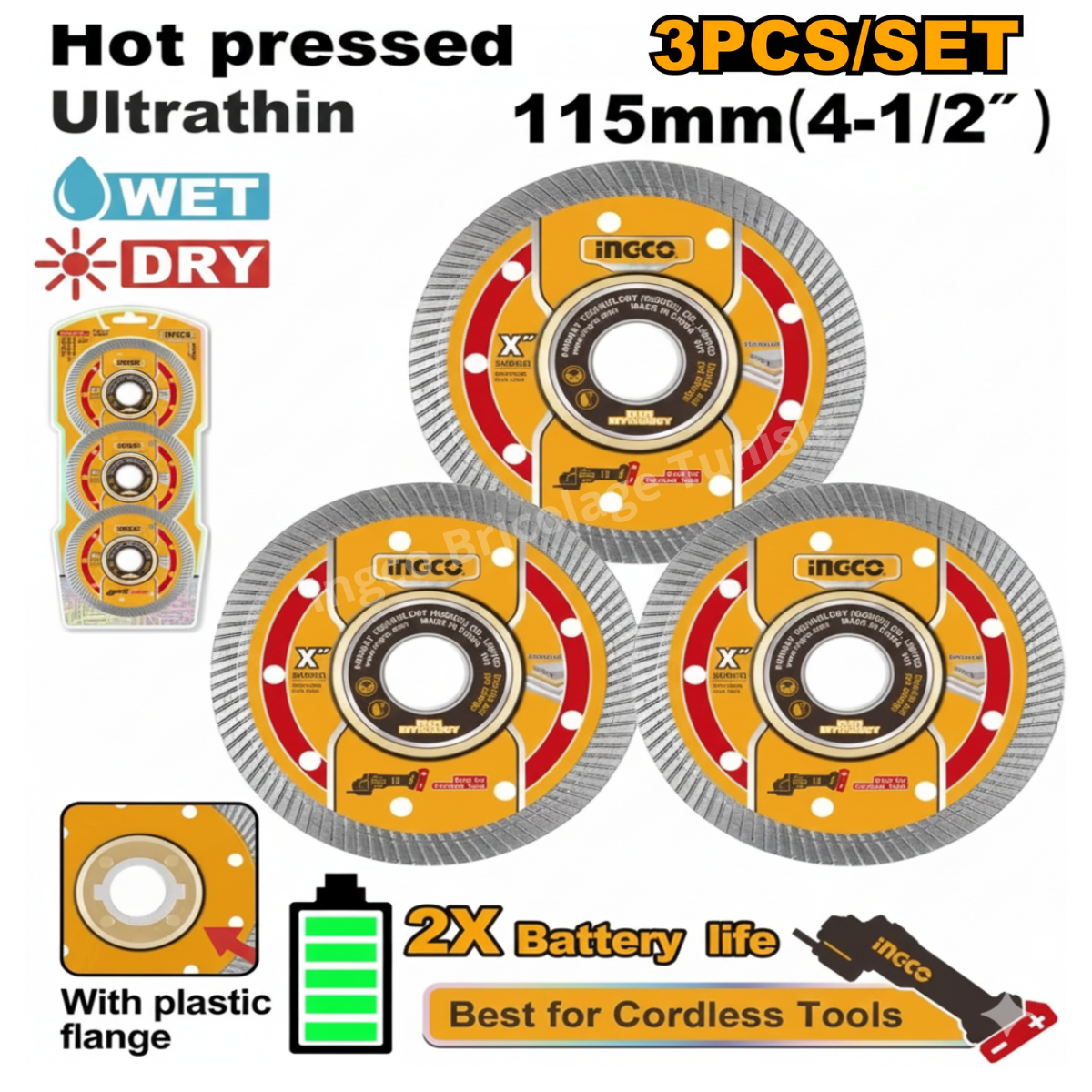 Jeu de 3 disques diamantés 115 m INGCO
