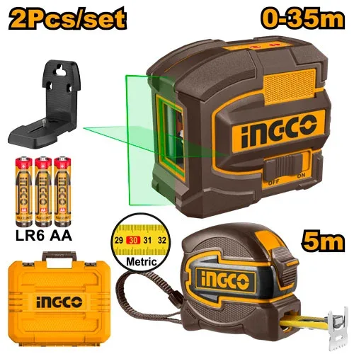 Ensemble de Niveau Laser vert auto-nivelant et Mètre ruban 5 m INGCO