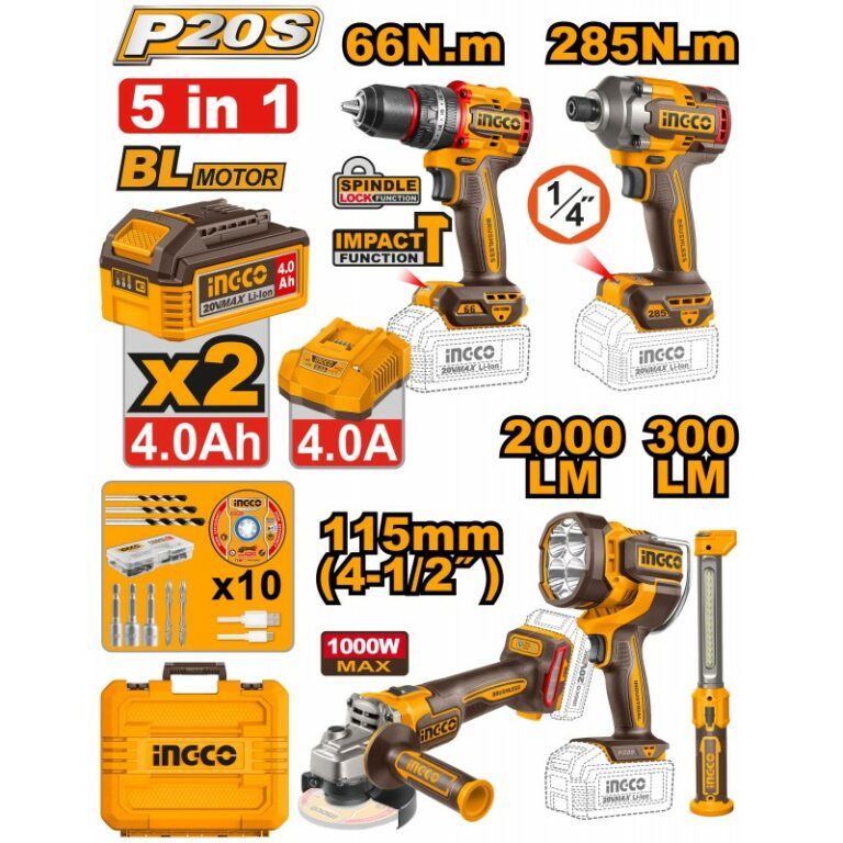 Kit combiné 5 pièces Perceuse à percussions, Clé à chocs, meuleuse d’angle, 2  Lampe de travail : Brushless