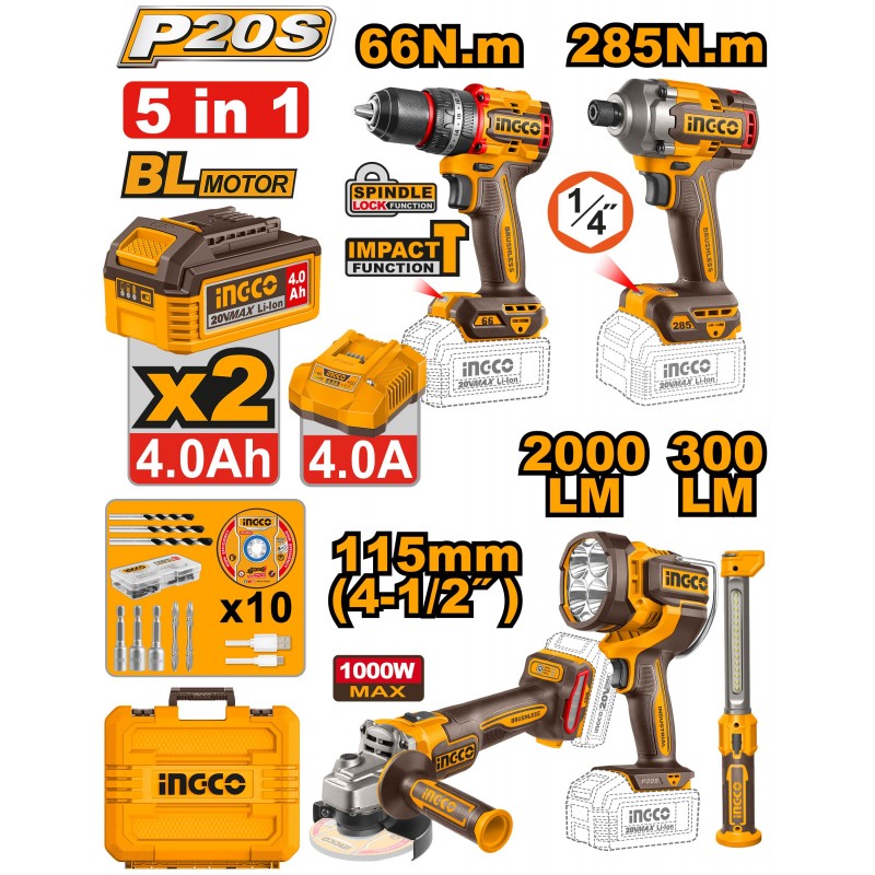 Kit combiné 5 pièces Perceuse à percussions, Clé à chocs, meuleuse d’angle, 2  Lampe de travail : Brushless
