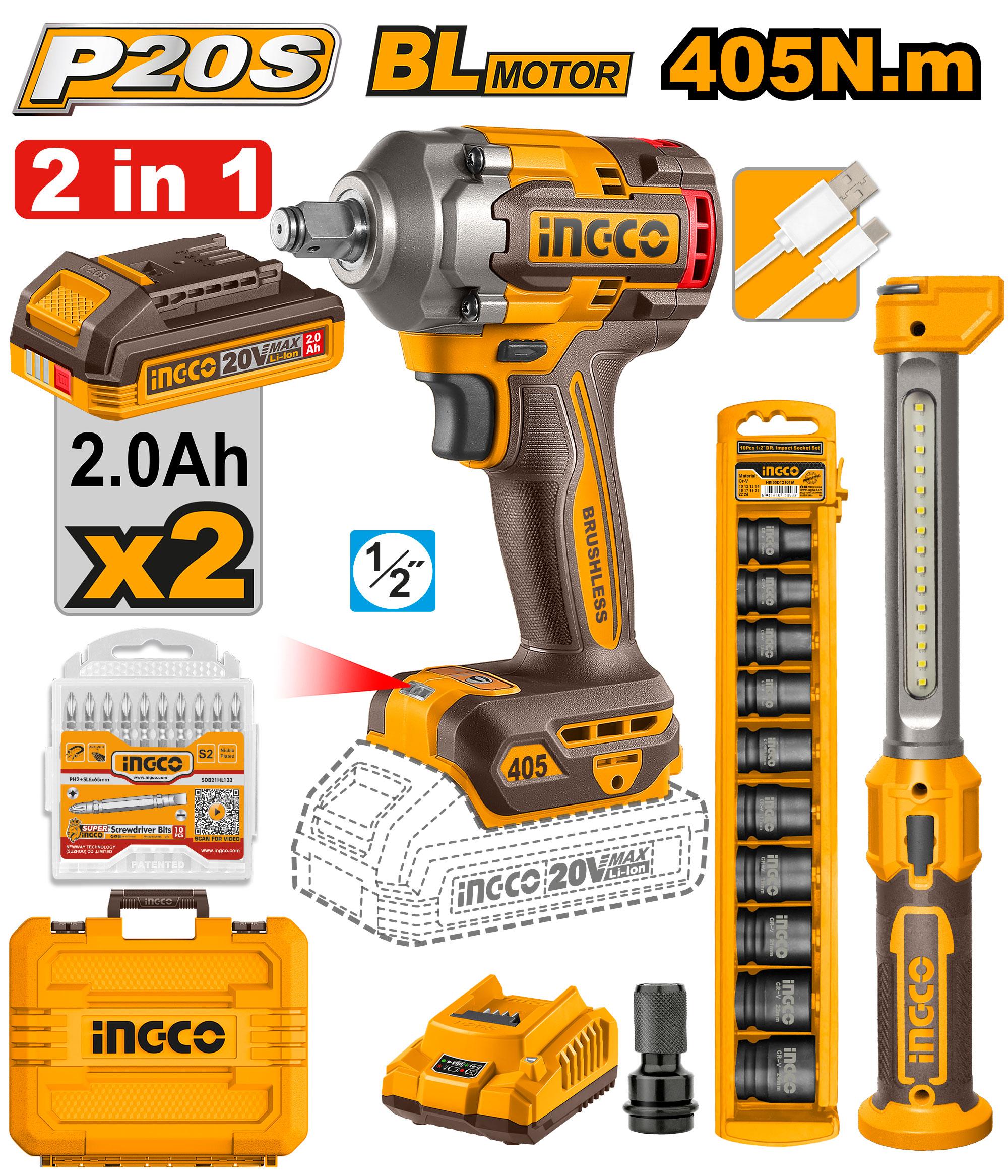 Kit combiné clés à chocs 20V Brushless 405NM INGCO
