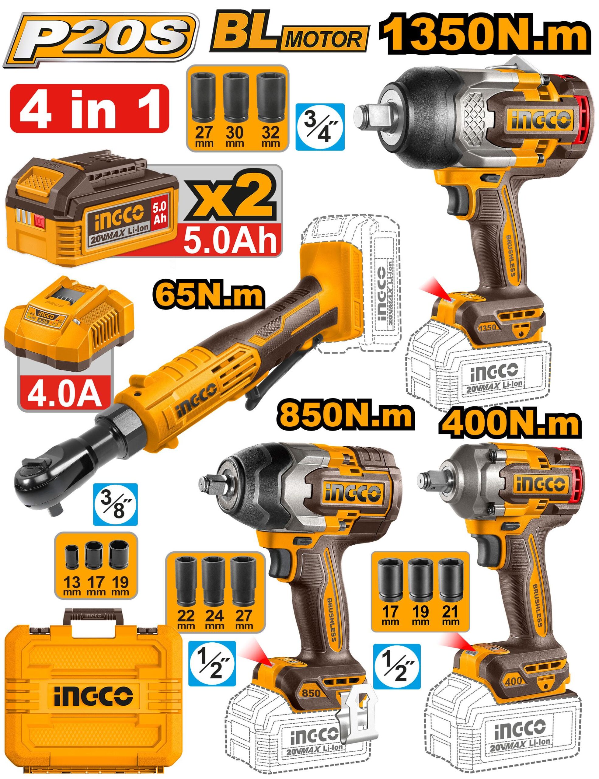 Kit combo 4 pieces : 3 Clé à chocs avec Cliquet Réversible 65Nm INGCO