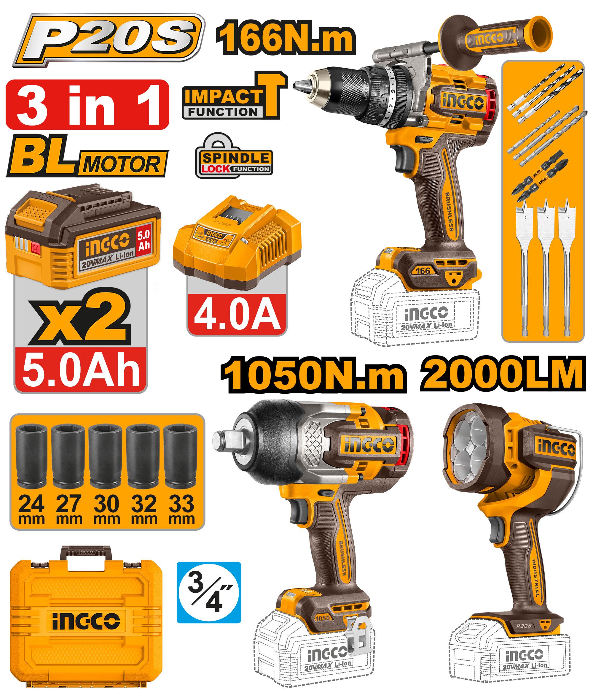 Kit combo 3 pièces : Perceuse 166Nm, Clé à chocs 1050 NM et lampe torche 200Lm INGCO